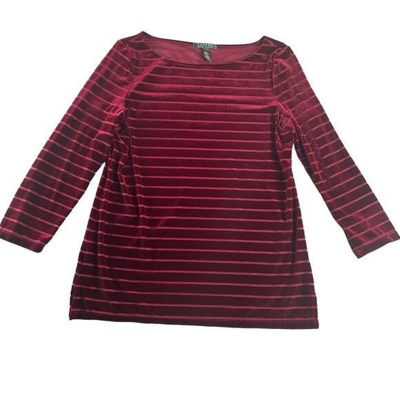 Ralph Lauren Claret Striped Velvet 3/4 Sleeve Maroon Top Size Large - Picture 2 of 8